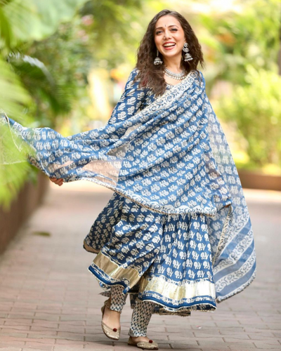 Shop Summer blue cotton suit set - set of three | The Secret Label | Cotton  kurti designs, Pakistani dresses casual, Casual indian fashion